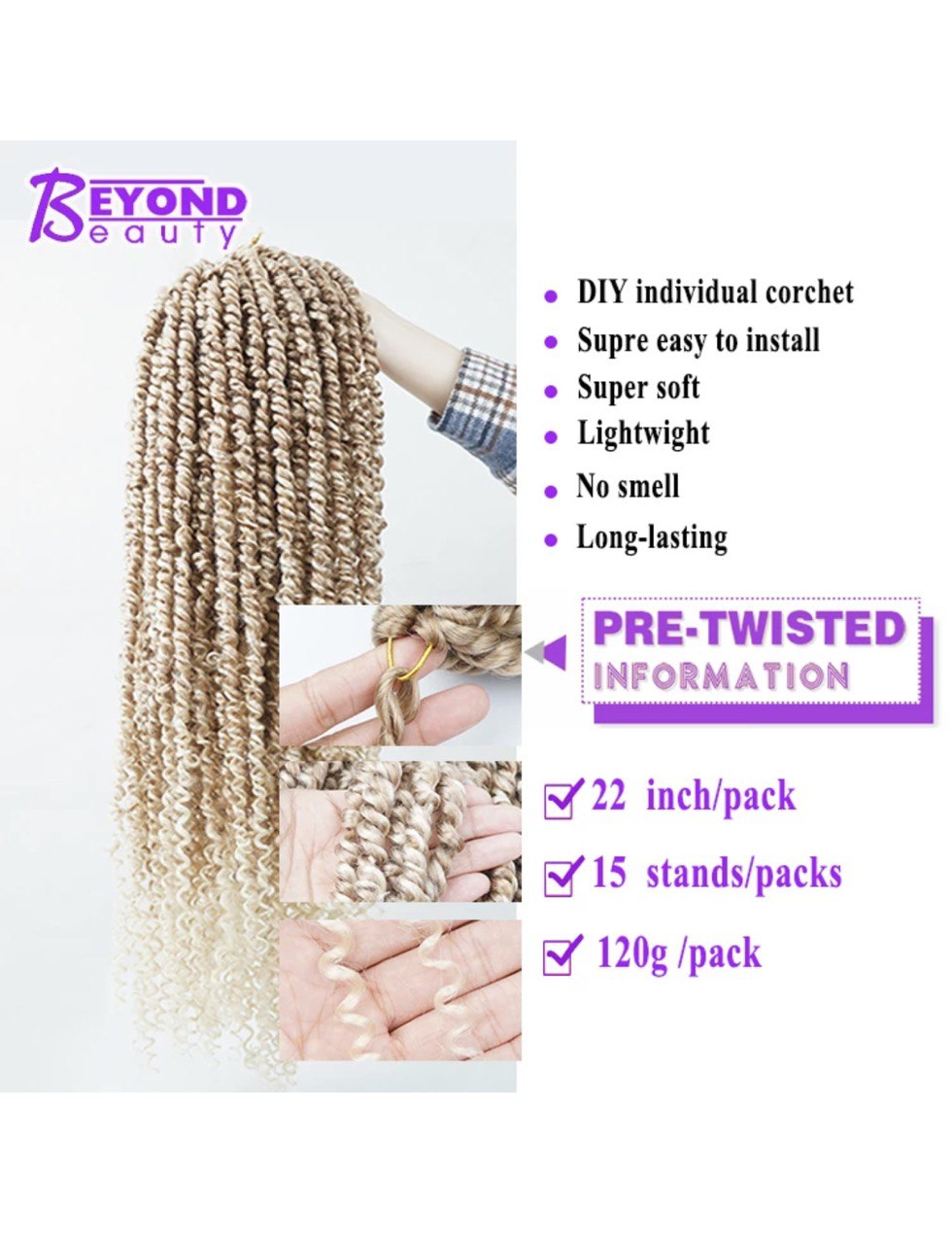 8 packs Pre-twisted Passion twist Crochet hair 22 inches braiding hair for butterfly Loc Natural black water wave crochet Passion Twist Hair